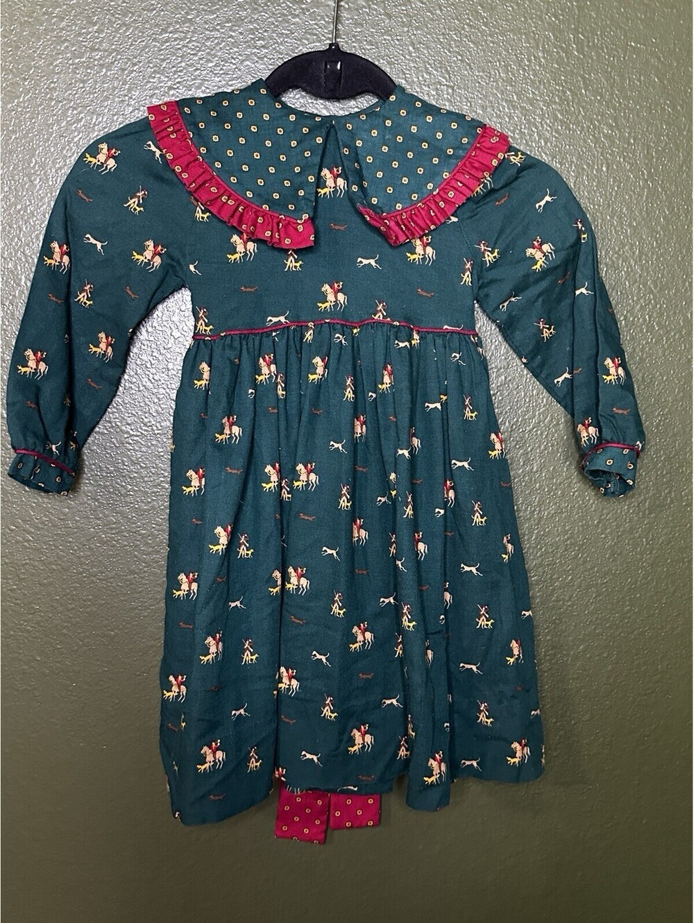 Vintage Girls Dress Polo Player Print Size 4 Peter Pan Collar Bow Tie